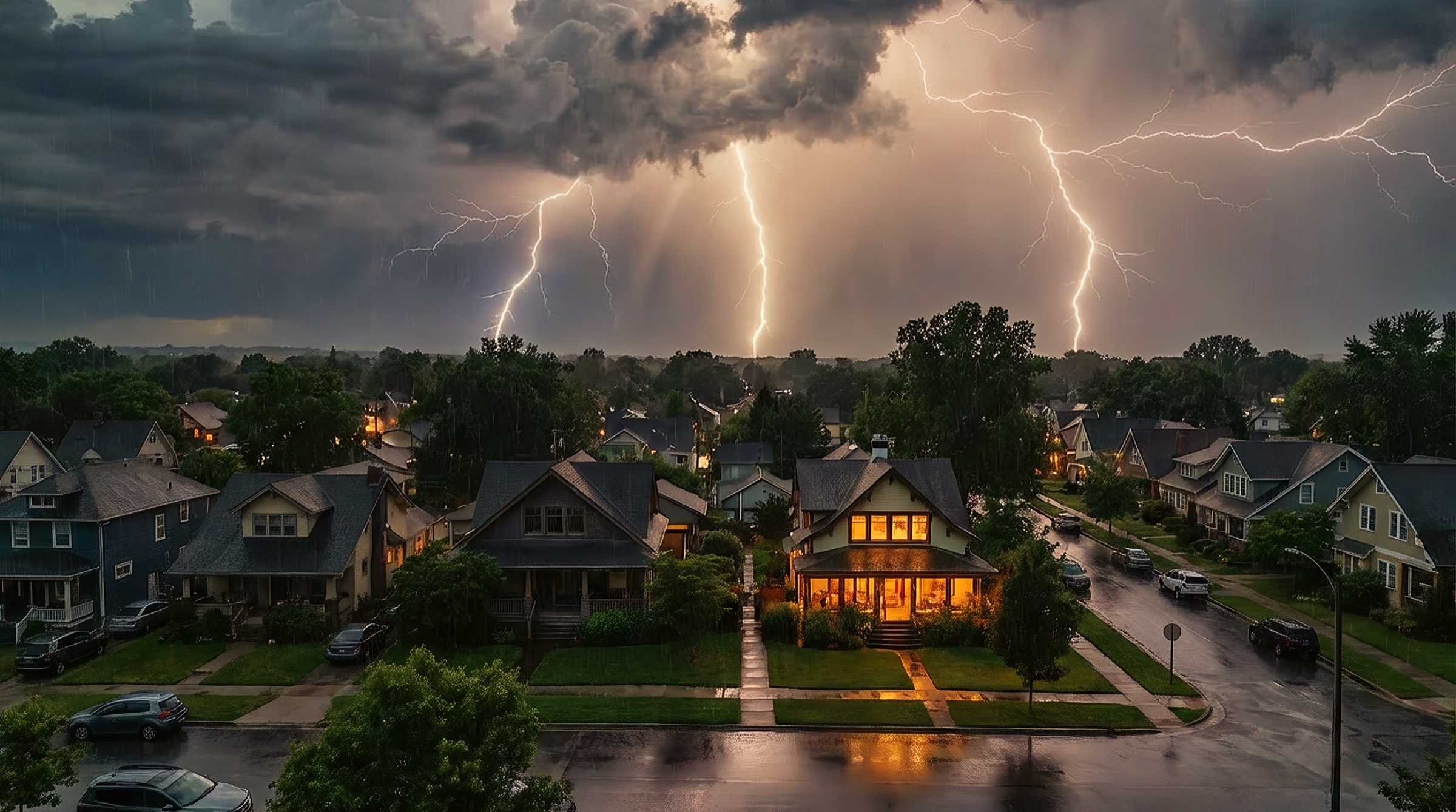 Aerial of a neighborhood during a lightning storm