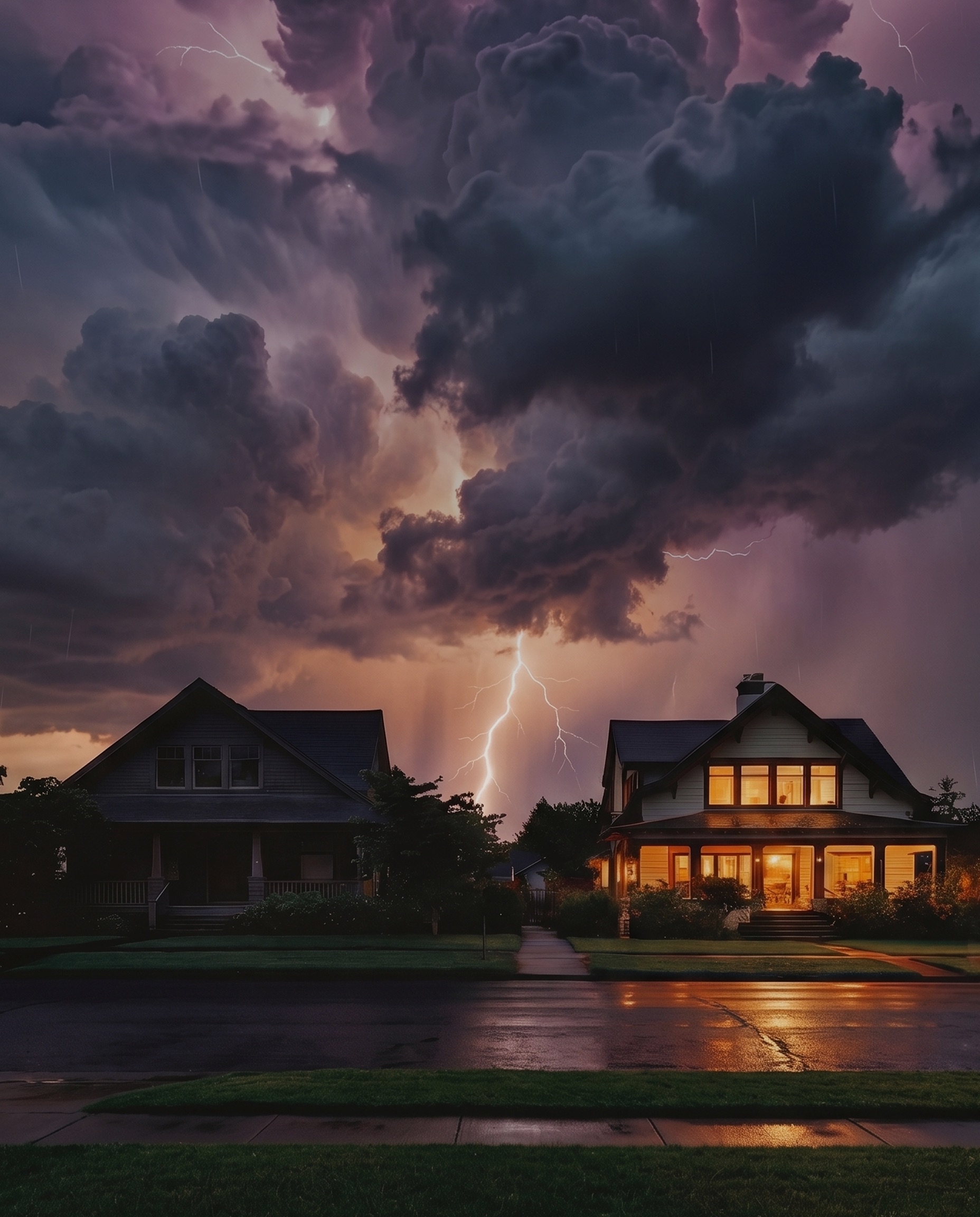 A home lit up during a lightning storm at dusk