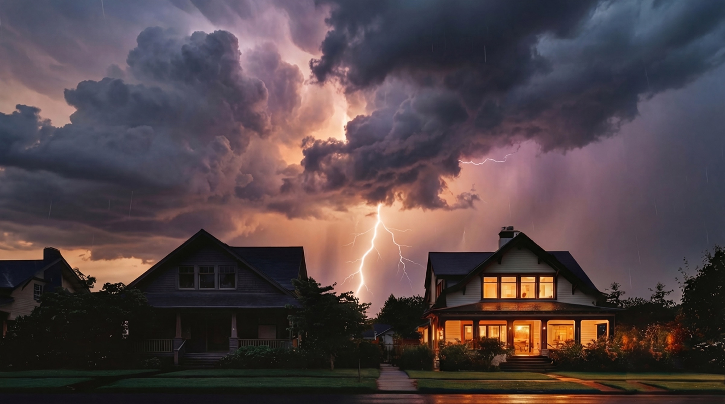 A home lit up during a lightning storm at dusk